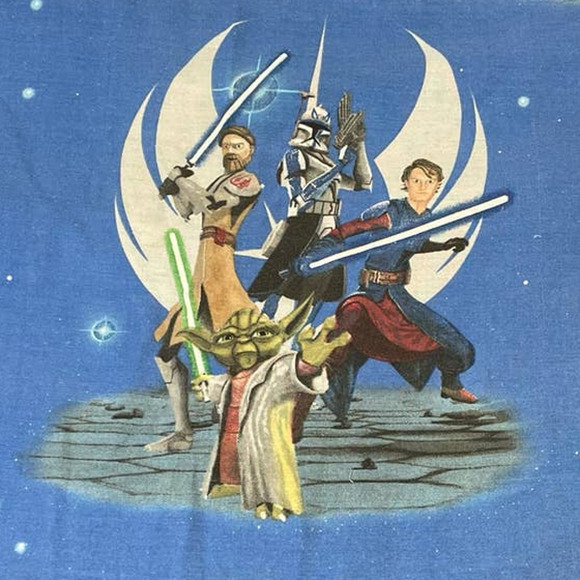 Star Wars The Clone Wars Blue Polyester Cotton Blend Yoda Anakin Twin Flat Sheet - Picture 3 of 4